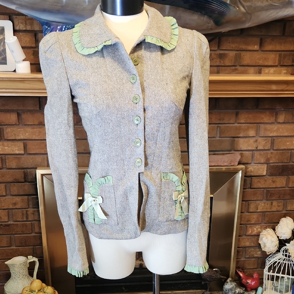 BLUSH brand Wool Silk Blend Whisical Cottagecore Jacket Blazer Ruffles Bows